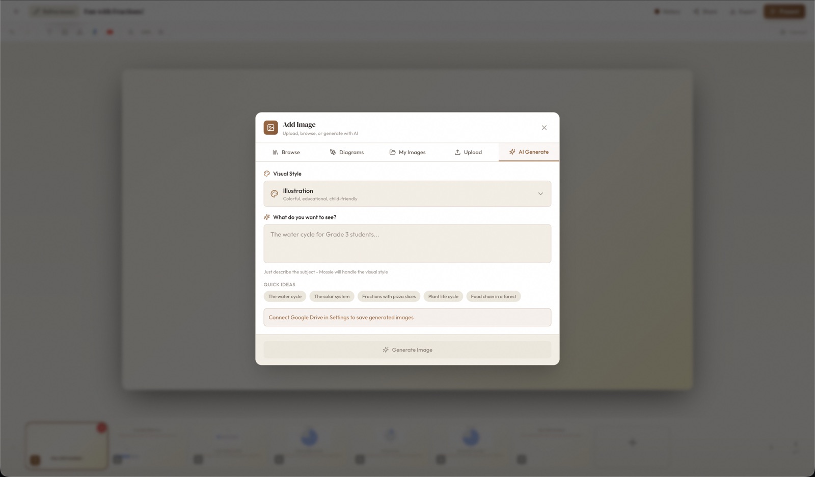 AI image generation with visual style selector, prompt input, and quick ideas