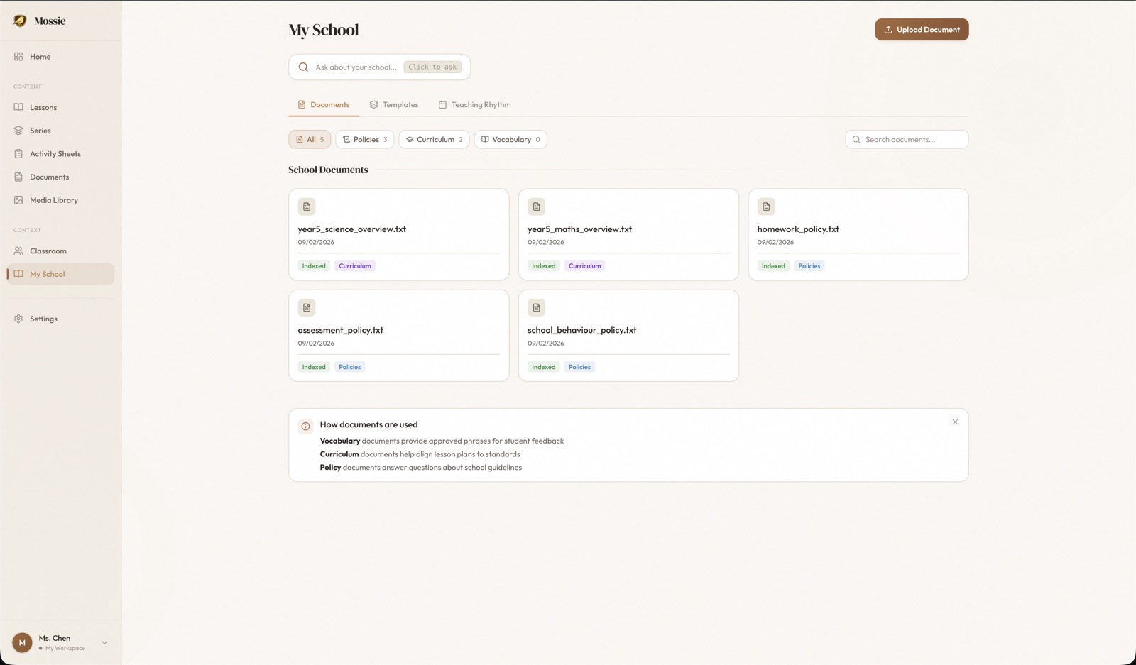 Knowledge Base showing uploaded school documents, categories, and search