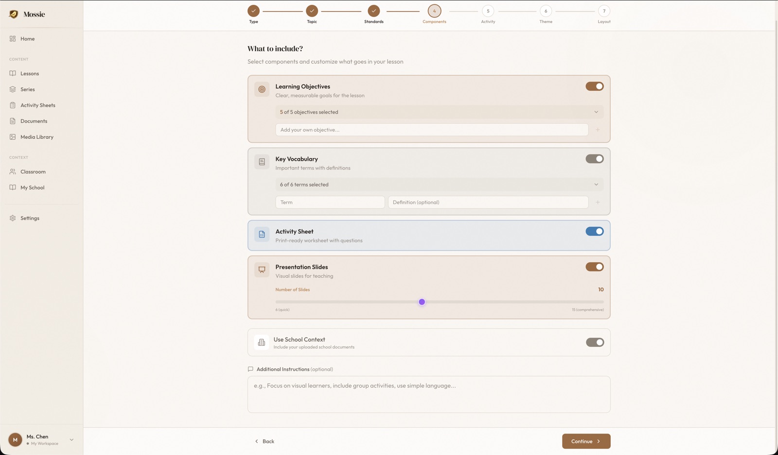 Lesson builder wizard with component toggles for objectives, vocabulary, activities, and slides